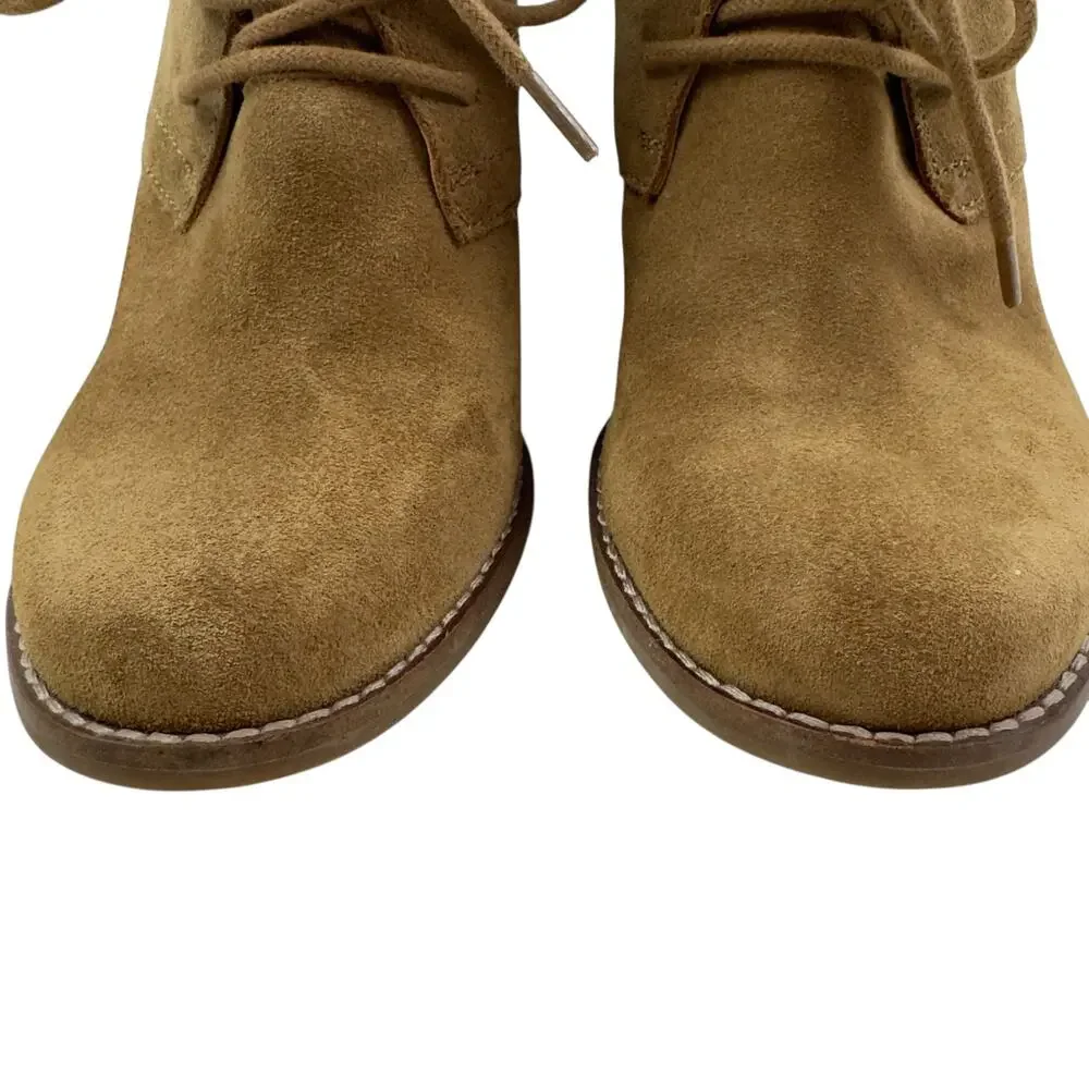 Lucky Brand Yamene Camel Suede Leather Wedge Lace Up Booties Women's Size 8.5